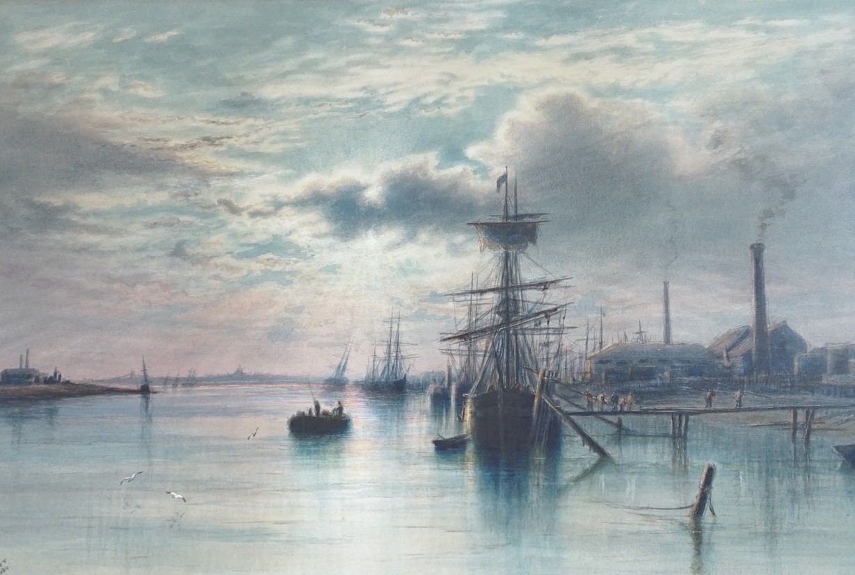 Frederick Miller (Exh c. 1880 - 1892), watercolour, Merchant ships moored in Shoreham harbour, signed and dated 1880, 32 x 46cm